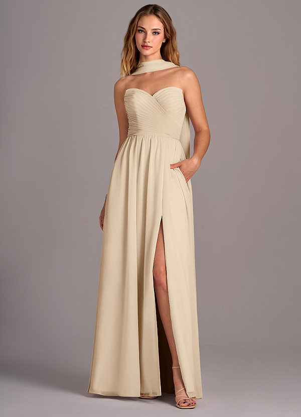 Azazie Joni Bridesmaid Dresses Champagne A-Line Strapless Chiffon Convertible Dress image1