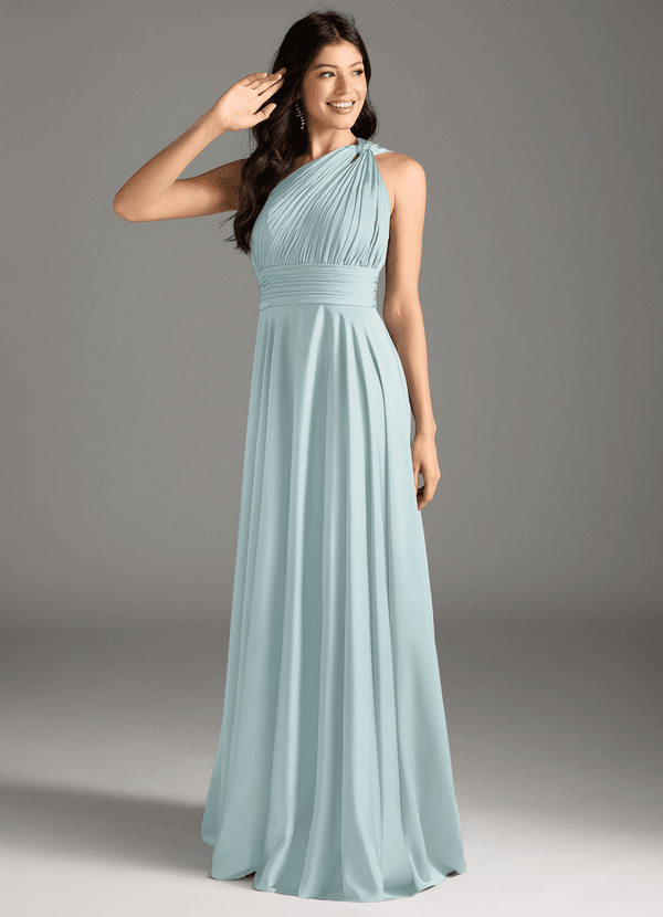 Azazie Charlize Bridesmaid Dresses Mist A-Line One Shoulder Stretch Satin Dress image1