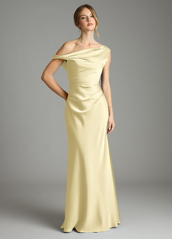 Azazie Emerson Bridesmaid Dresses Lemon Sorbet Mermaid Off the Shoulder Stretch Satin Dress image1