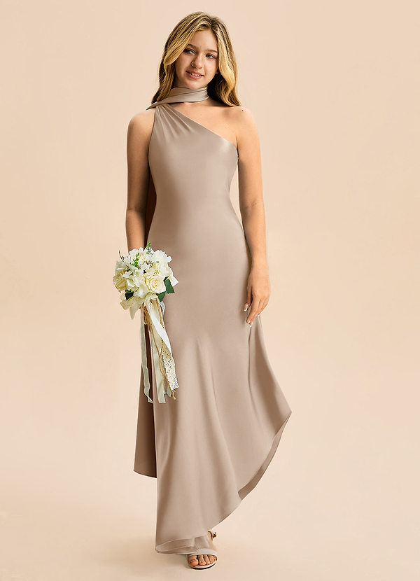 Azazie Briony Junior Taupe Sheath Pleated Stretch Satin Dress image1