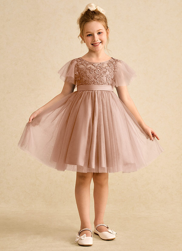 Azazie Queenie Robes de Fillette d'Honneur Robe Trapèze en Dentelle Champagne Rosé image1