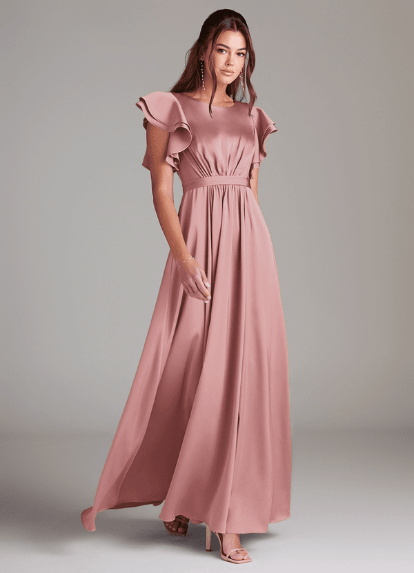 Azazie Daphne Modest Bridesmaid Dresses A-Line Ruched Stretch Satin Floor-Length Dress image1