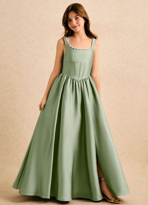 Azazie Enid Girls Formal Blomsterpigekjoler A-Line Perlebesat Stræk satin Gulv-længde Kjole image1