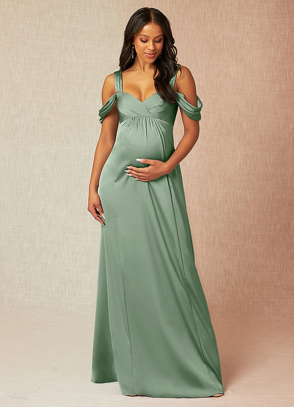 Azazie Rhea Vestidos de dama de honor de maternidad Vestido de Corte En A Off The Shoulder Plisado Hasta el suelo Satén Elástico image1