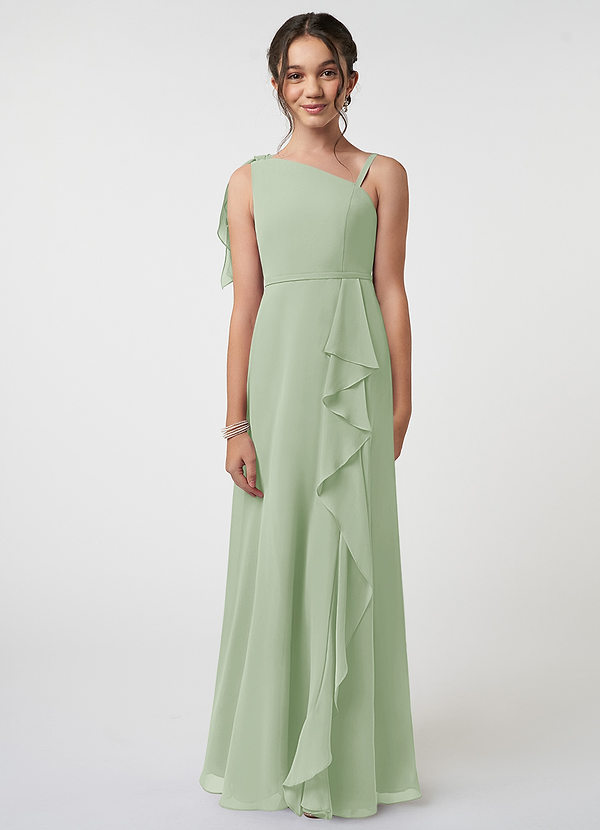 Azazie Aidy Junior A-Linie Schleifen Chiffon Kleid Staubiger Salbeigrün image1