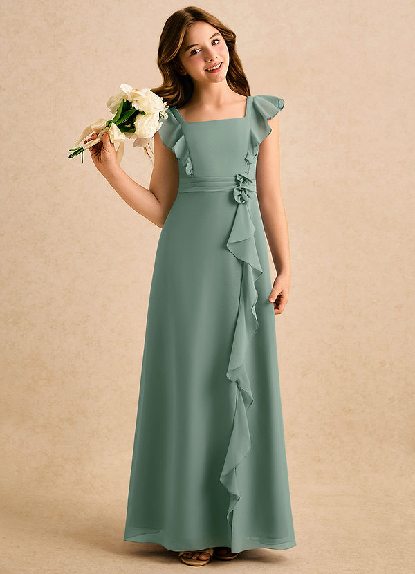 Azazie Soso Girls Formal Robes de cortège enfant Robe Trapèze en Mousseline de soie Plissé Sauge D'argent image1