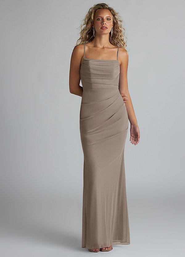 Azazie Teyana Bridesmaid Dresses Taupe Sheath Square Neckline Pleated Mesh Dress image1