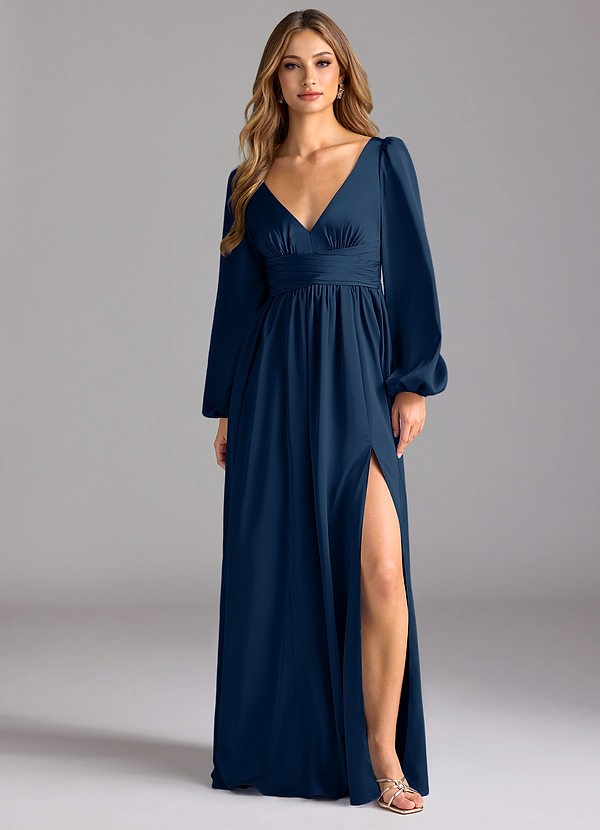 Azazie Norah Bridesmaid Dresses Dark Navy A-Line Stretch Satin Dress image1