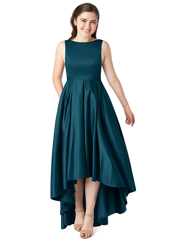 Azazie Inaya Junior Ink Blue A-Line with Belt Stretch Satin Dress image1