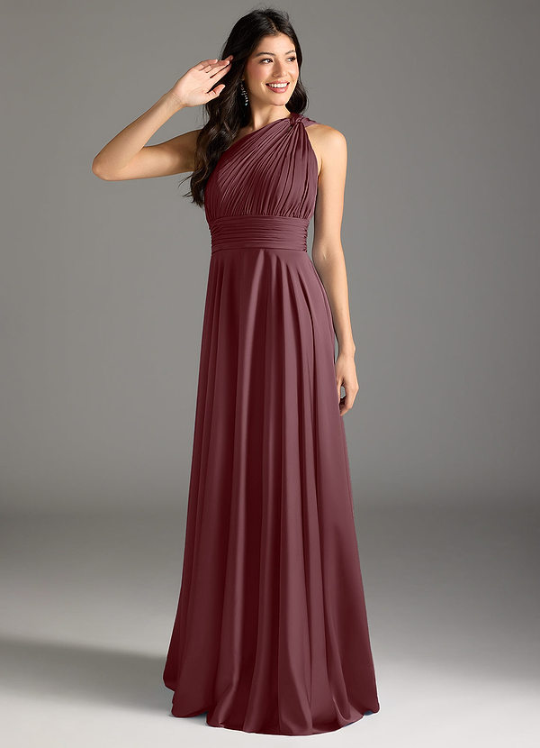 Azazie Charlize Bridesmaid Dresses Sangria A-Line One Shoulder Stretch Satin Dress image1