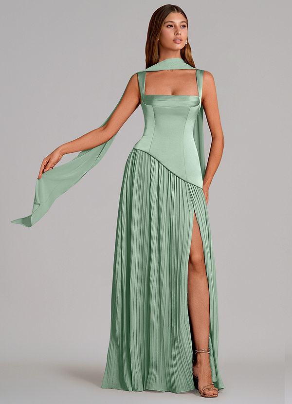Azazie Stephanie Bridesmaid Dresses Vestido Agave de Cetim elástico de Linha A com Plissado image1