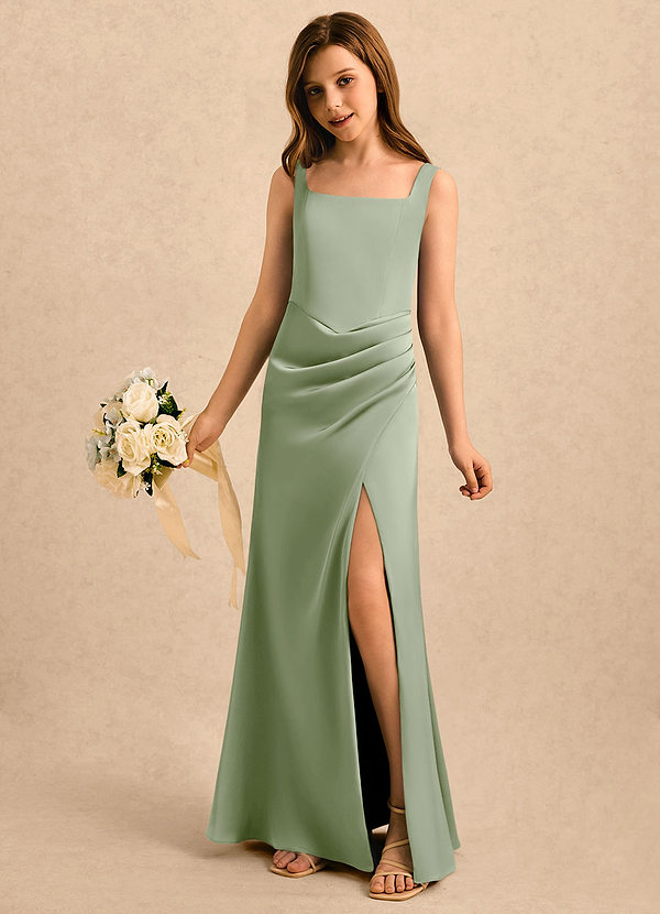 Azazie Noah Girls Formal Sukienki dla dziewczynek sypiących kwiaty Osłona Pofałdowany Satyna elastyczna Długość podłogi Sukienka image1