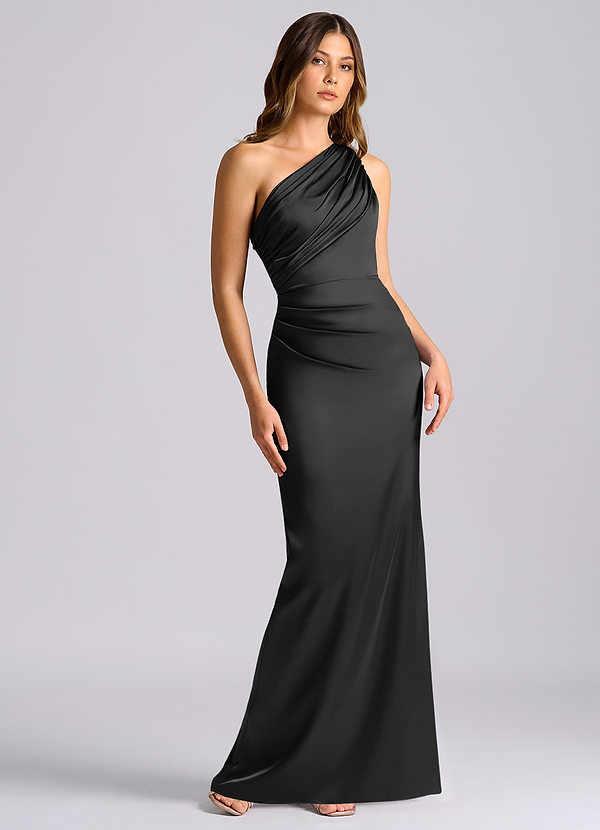 Akilah Vestidos de dama de honor Vestido Negro de Satén Elástico de Corte Sirena con Un hombro image1