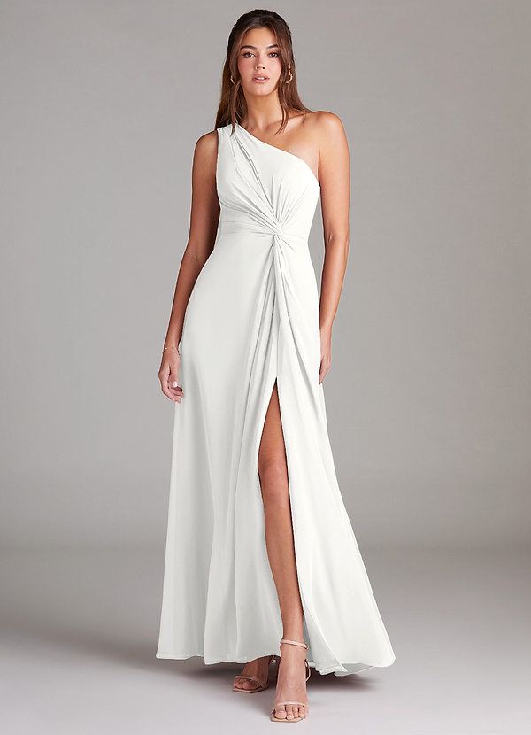 Azazie Brooke 신부 들러리 드레스 A라인 한쪽 어깨 쉬폰 바닥 길이 드레스 image1