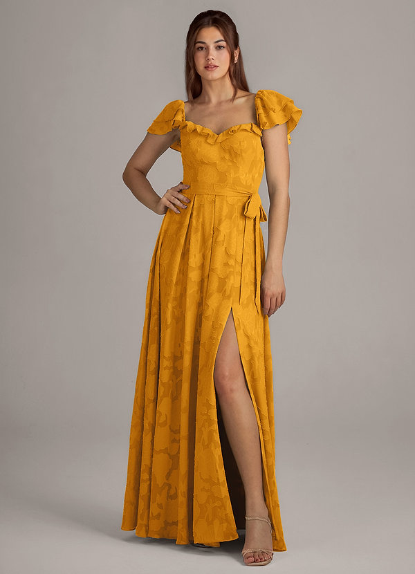 Azazie Aricella Brautjungfernkleider A-Linie Korsett Blumen-Burnout Kleid Butterscotch image1
