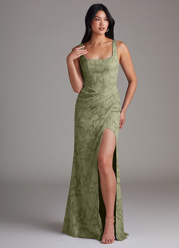 Azazie Mero Brudtärneklänningar Klä av Tubklänning i Blommig Utbrändhet Plisserad Pistasch image1