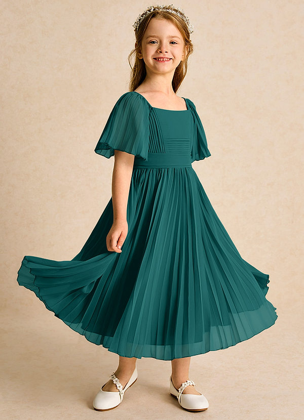 Azazie Gisele Abiti da Ragazza di Fiori Abito A-Line in Chiffon Plissettato Verde Pavone image1
