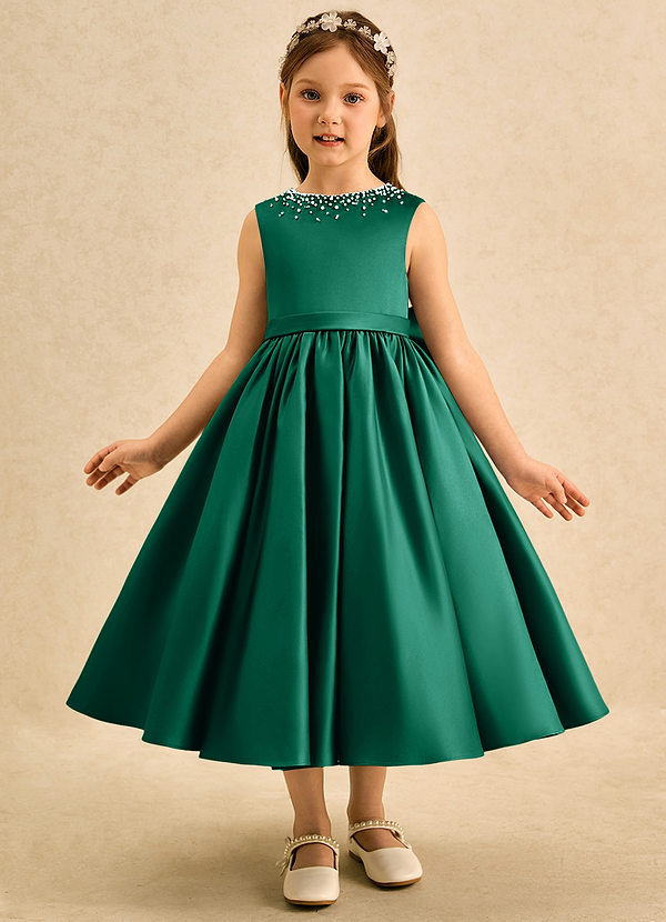 Azazie Doodle Flower Girl Dresses Emerald Ball-Gown Bow Matte Satin Dress image1