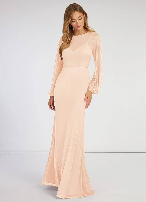 Azazie Denali Bridesmaid Dresses Pearl Pink Sheath Bow Mesh Dress image1