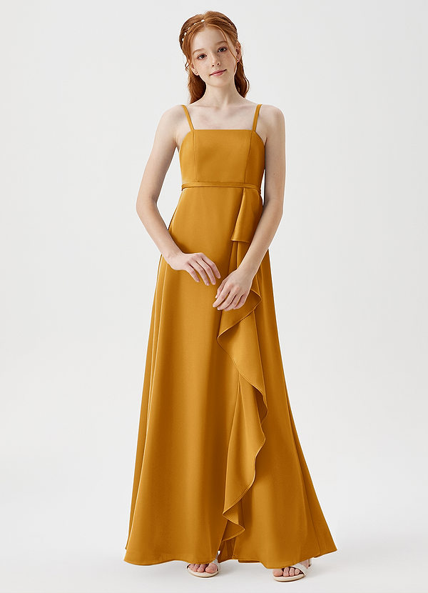 Azazie Kaylee Junior Robe Trapèze en Satin extensible avec ceinture Caramel écossais image1