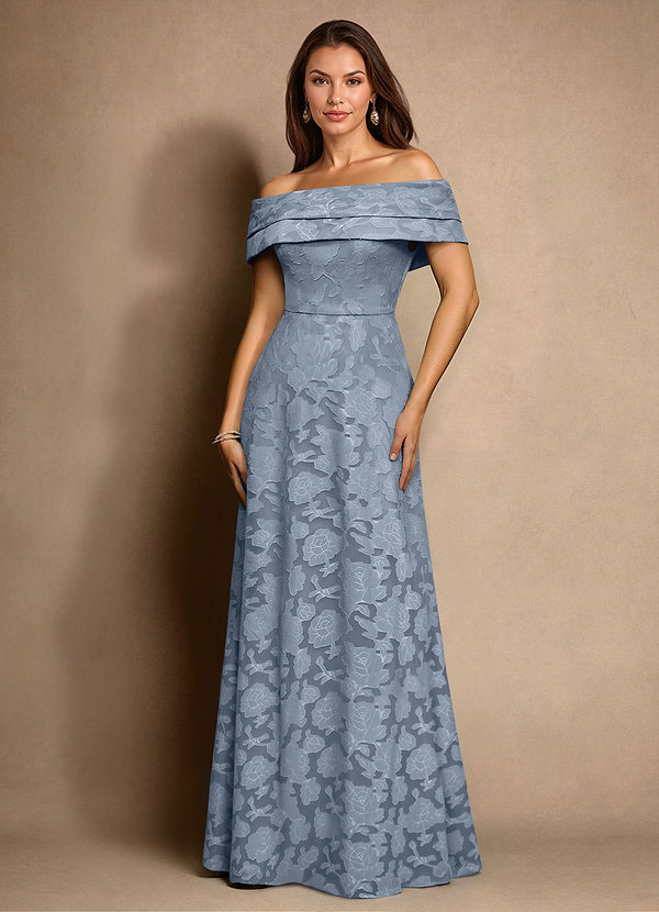 Azazie New Britain Abiti da Mamma Sposa Abito A-Line in Burnout Floreale Plissettato Blu Polveroso image1