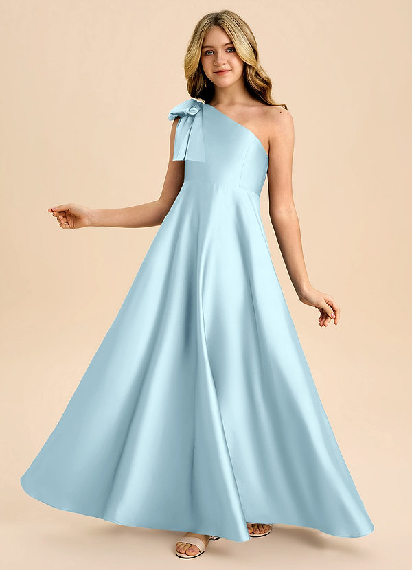 Azazie Penguin Junior Cloud Blue A-Line Bow Stretch Satin Dress image1