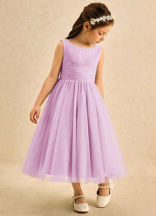 Azazie Macaron Vestidos de arras Vestido Rosa Caramelo de Tul de Línea A con Plisado image1