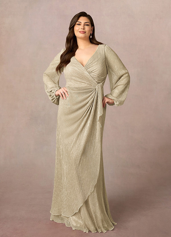 Azazie Sterling Vestidos de Madre de la Novia Vestido de Dorado Champagne de Malla Metálica de Corte En A con Volante image1