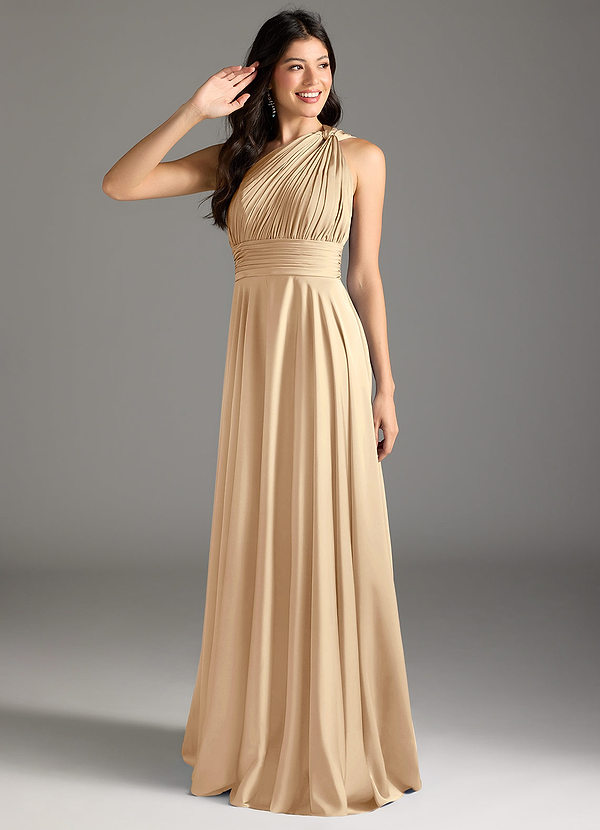 Azazie Charlize Bridesmaid Dresses Champagne A-Line One Shoulder Stretch Satin Dress image1