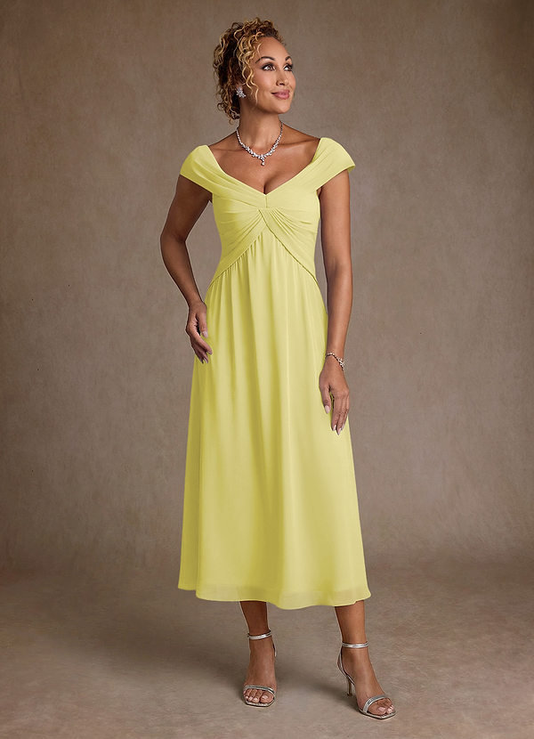 Azazie Mirta Vestidos de Madre de la Novia Vestido de Sorbete De Limón de Devorado Floral de Corte en A con Plisado image1