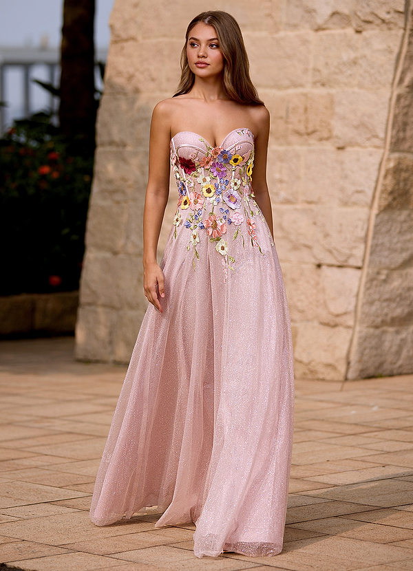 Broderie Dusty Pink A-line Princess off-Shoulder Sleeveless Prom Dress with Appliqued image1