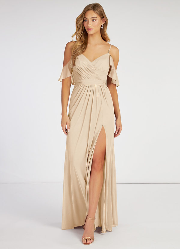 Azazie Fiena Bridesmaid Dresses A-Line V-neck Ruched Mesh Floor-Length Dress image1