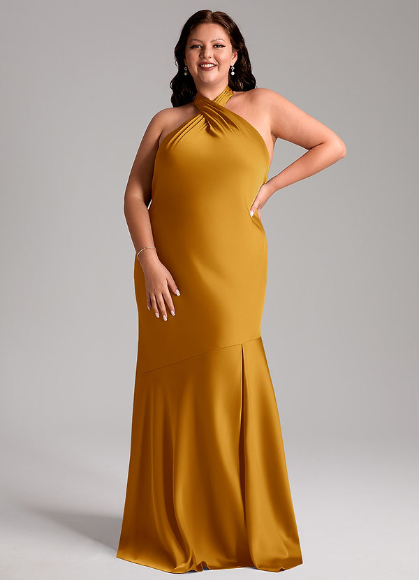 Azazie Lorena Robes Demoiselle d'honneur Robe Sirène en Satin extensible Plissée Caramel écossais image1
