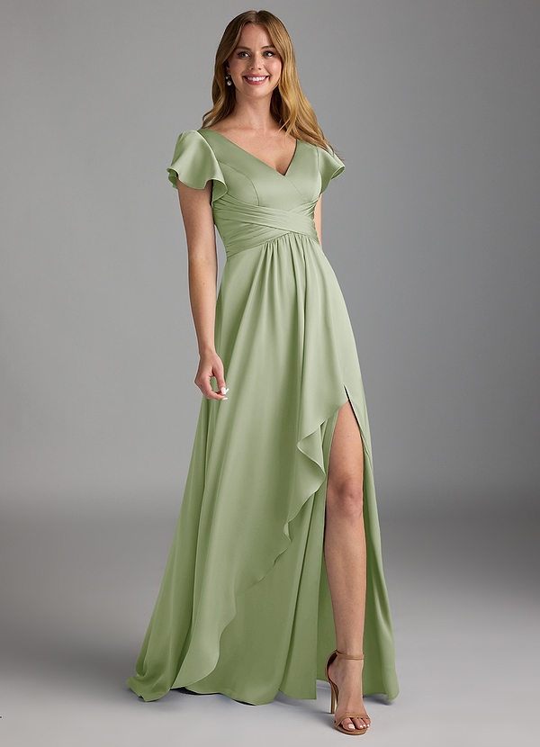 Azazie Omari Bridesmaid Dresses Dusty Sage A-Line Stretch Satin Dress image1