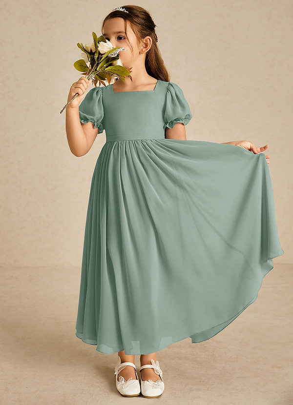 Azazie Joss Vestidos de Niña de Flores Vestido de Salvia Plateada de Gasa de Corte en A con Con mangas image1