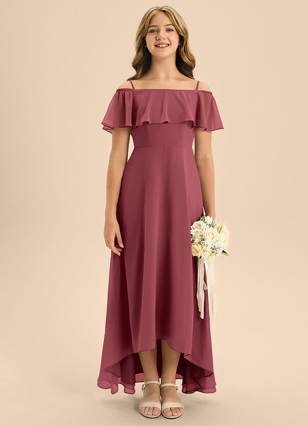 Azazie Maggie Junior Merlot A-Line Off the Shoulder Chiffon Dress image1