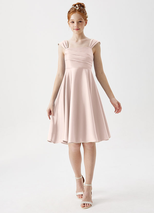 Azazie Amira Junior Blushing Pink A-Line Pleated Stretch Satin Dress image1