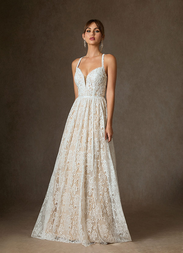 Azazie August Wedding Dresses Diamond White Champagne A-Line Lace Dress image1