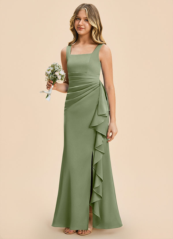 Azazie Adrienne Junior Pistachio Sheath Pleated Stretch Satin Dress image1