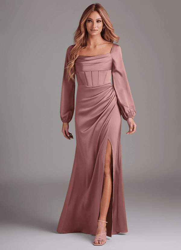 Azazie Charissa Bridesmaid Dresses Dusty Rose Sheath Long Sleeve Stretch Satin Dress image1