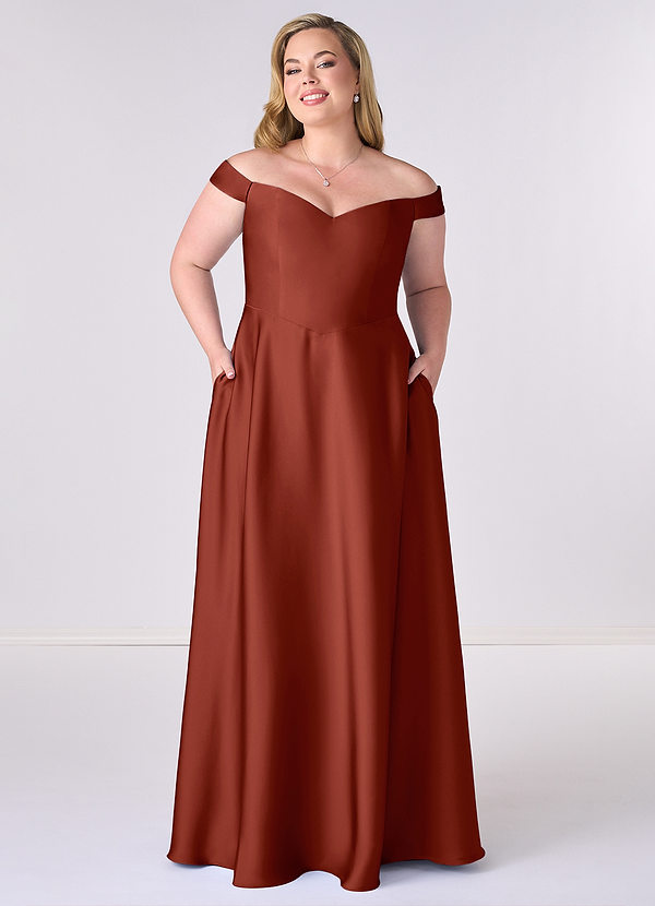 Barbie ♥ Azazie Bridesmaid Dresses Terracotta A-Line Off the Shoulder Stretch Satin Convertible Dress image1
