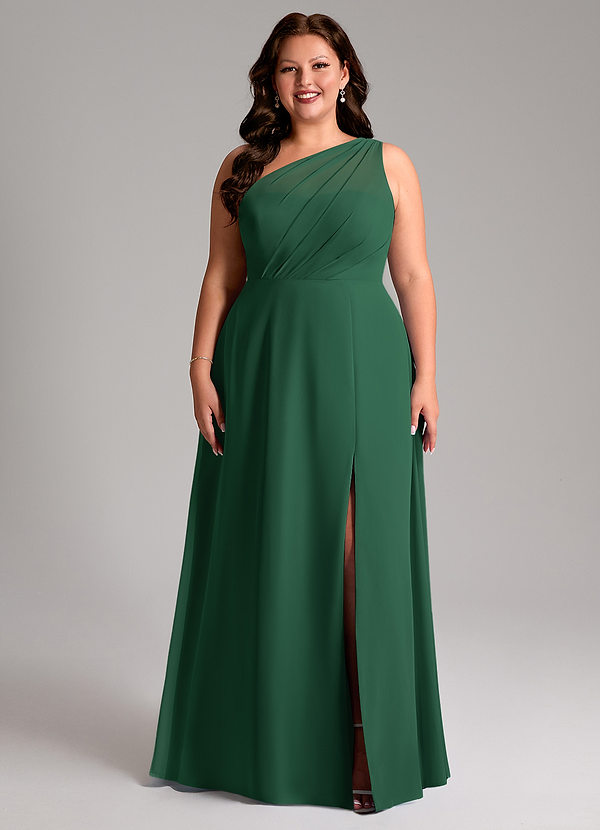 Azazie Phaedra Abiti da Damigella Abito A-Line in Chiffon Monospalla Verde Scuro image1
