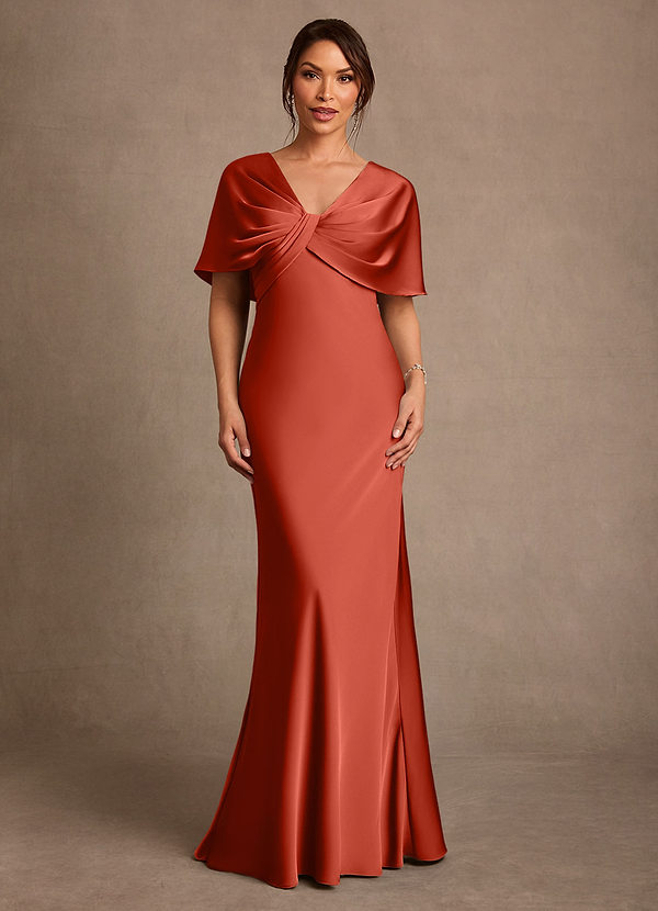 Azazie Dosia 신부의 어머니 드레스 쉬스 주름진 스트레치 새틴 플로어 길이 드레스 image1