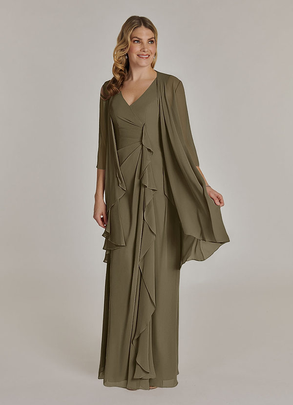 Azazie Manuella Vestidos de Madre de la Novia Vestido de Verde Sauce de Gasa de Corte En A con Cuello en V plisado image1