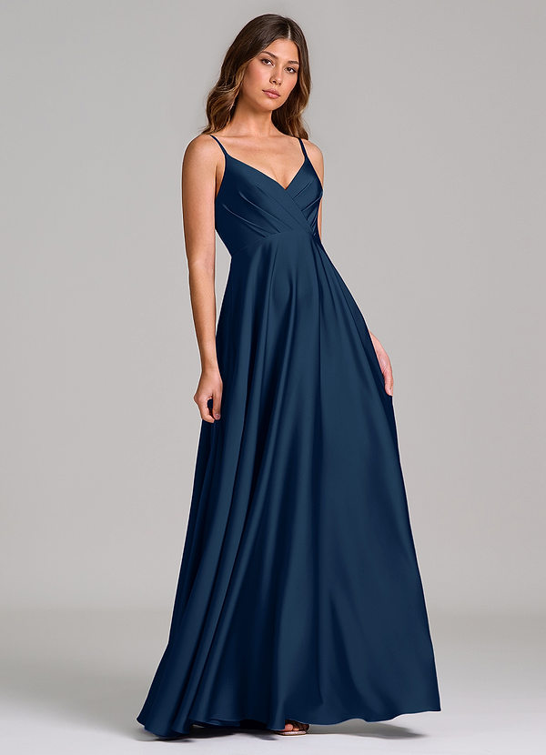 Azazie Amani Bridesmaid Dresses Dark Navy A-Line Pleated Stretch Satin Dress image1