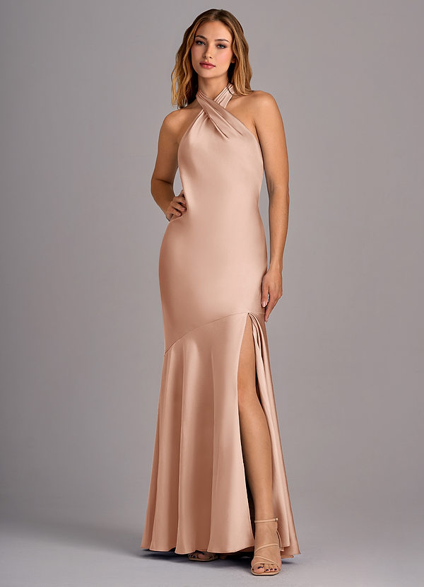 Azazie Lorena Bridesmaid Dresses Rose Gold Mermaid Pleated Stretch Satin Dress image1