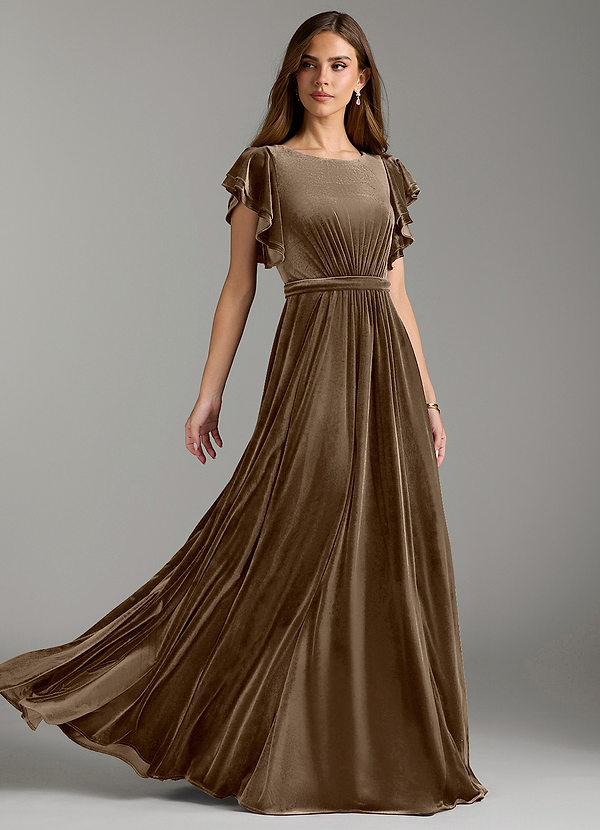 Azazie Daphne Vestidos de dama de honor modestos Vestido de Corte En A Con cinturón Hasta el suelo terciopelo image1
