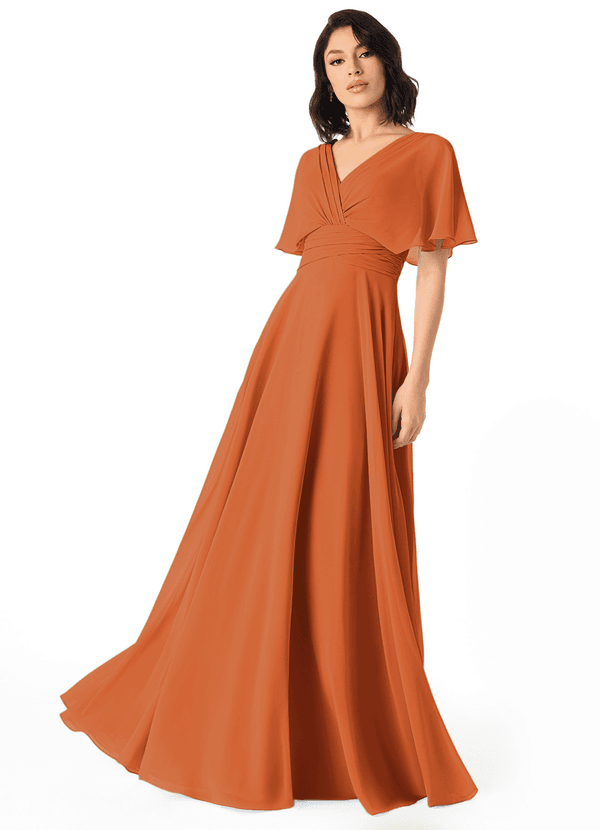 Azazie Pamela Bridesmaid Dresses Cinnamon A-Line V-Neck Pleated Chiffon Dress image1