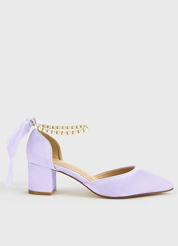 front Matching Color Matte Satin Pearl and Bow Pointed Toe Block Heels
