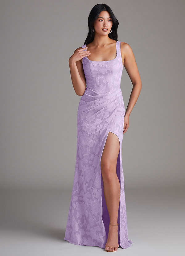 Azazie Mero Bridesmaid Dresses Lilac Sheath Pleated Floral Burnout Dress image1